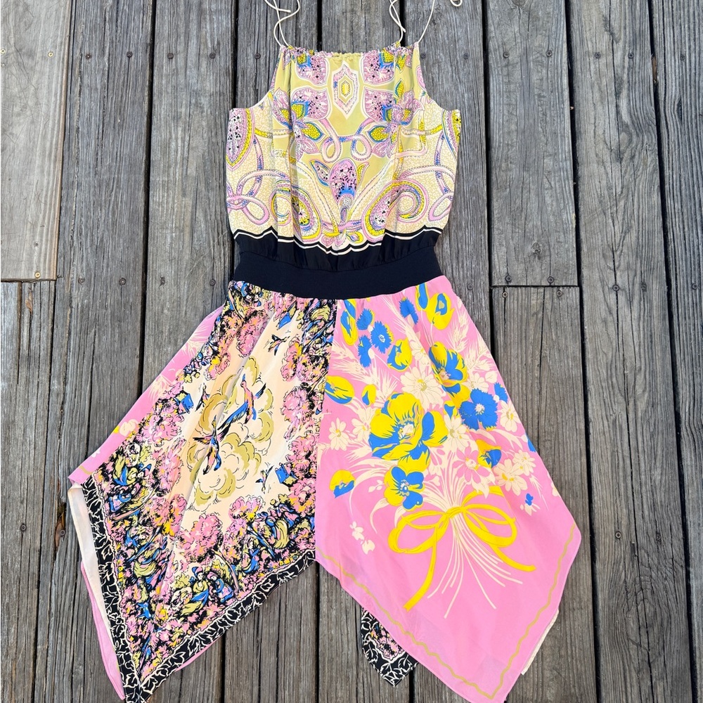 2000s Y2K Betsey Johnson Multicolor Drop Waist Handkerchief Hem Midi Dress